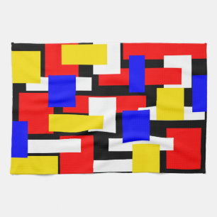 Red, Yellow, Black and Blue Geometric Blocks Tea Towel
