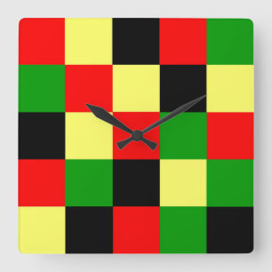 Red, Yellow, Black and Green Checkers Square Wall Clock