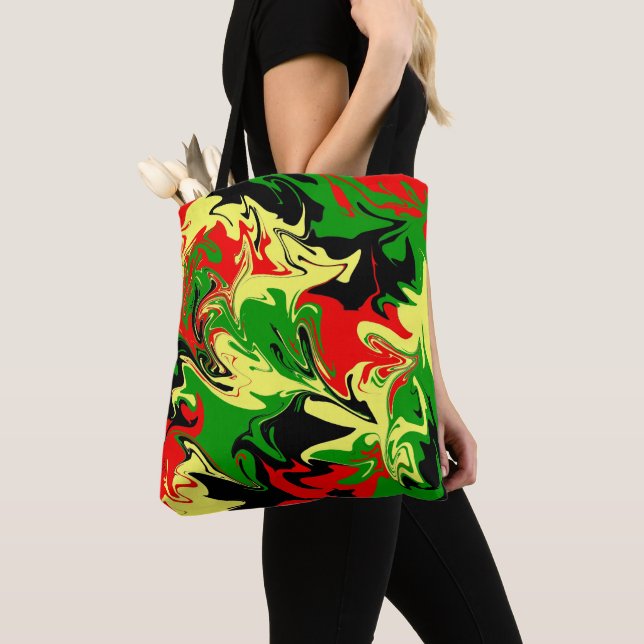 Red, Yellow, Black and Green Swirls Tote Bag (Close Up)