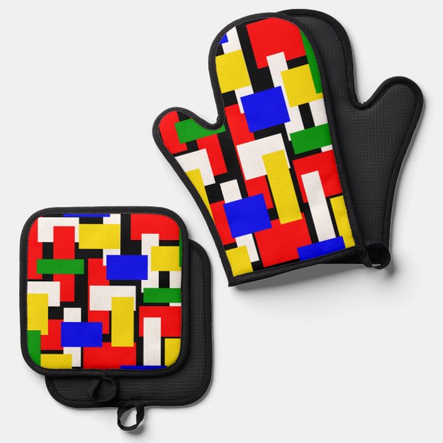 Red, Yellow, Black, Blue and Green Blocks Oven Mitt & Pot Holder Set (Front/Back)