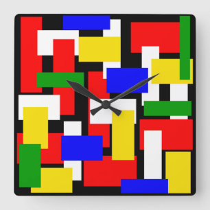 Red, Yellow, Black, Blue and Green Blocks Square Wall Clock