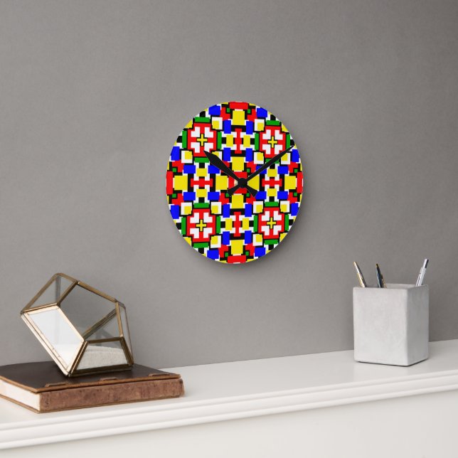 Red, Yellow, Black, Blue and Green Geometrics  Round Clock (Office)