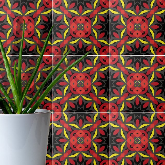 Red Yellow Black Ethnic Arabesque Mosaic Boho Chic Ceramic Tile (Creator Uploaded)