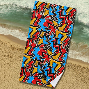Red Yellow Black Graffiti on Blue Beach Towel