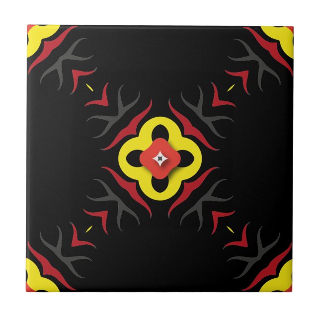 Red Yellow Black Grey Ethnic Abstract Geometric Ceramic Tile (Front)