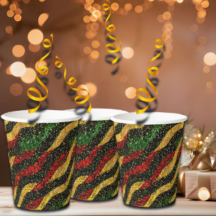 Red Yellow Black Waves of Festive Glitter Paper Cups