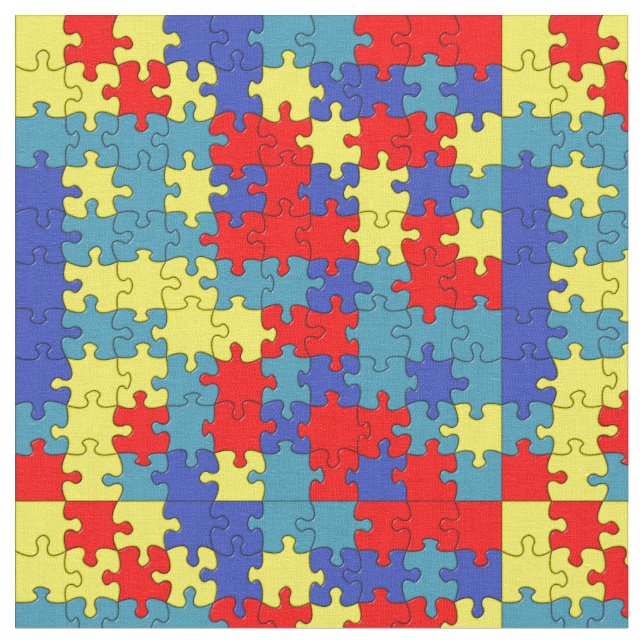 Red, Yellow & Blue Autism Puzzle Pattern Fabric (Close Up)