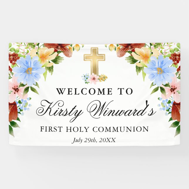 Red, Yellow Blue Flowers 1st Holy Communion Banner (Horizontal)