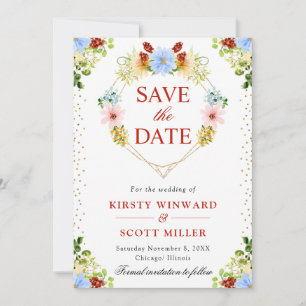 Red Yellow Blue Flowers Heart Wreath Wedding Save The Date