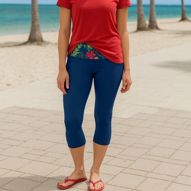 Red Yellow Blue Flowers on Navy Blue Capri Leggings (Key West casual with a floral twist This capri is perfect for winter sunshine and breezy strolls.)