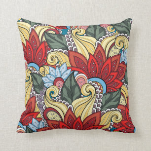 Red Yellow Blue Green Flowers And Swirl Cushion