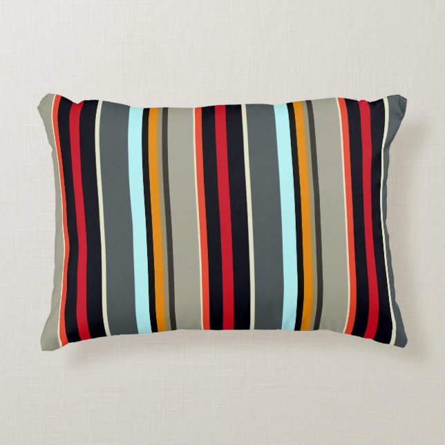 Red Yellow Blue Silver Grey Striped Pattern Decorative Cushion (Front)