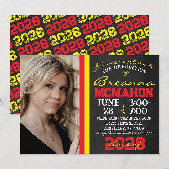 Red & Yellow Chalkboard Graduation Photo Invitation (Front/Back)
