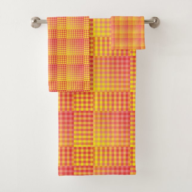 Red Yellow Chequered Abstract Pattern Bath Towel Set (Insitu)