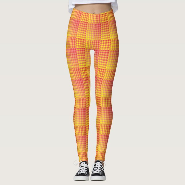 Red Yellow Chequered Abstract Pattern Leggings (Front)
