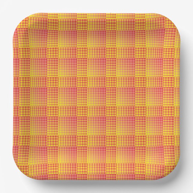 Red Yellow Chequered Abstract Pattern Paper Plate (Front)
