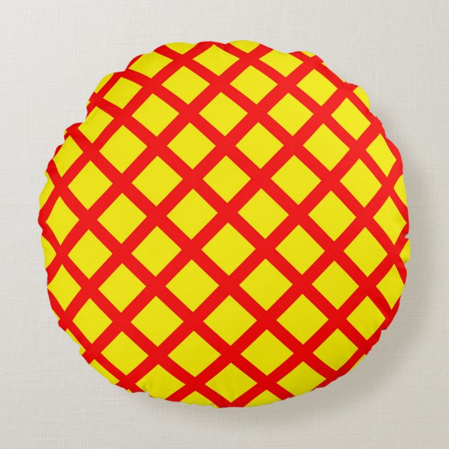 Red Yellow Chequered Diamond Stripes Pattern Round Cushion (Front)