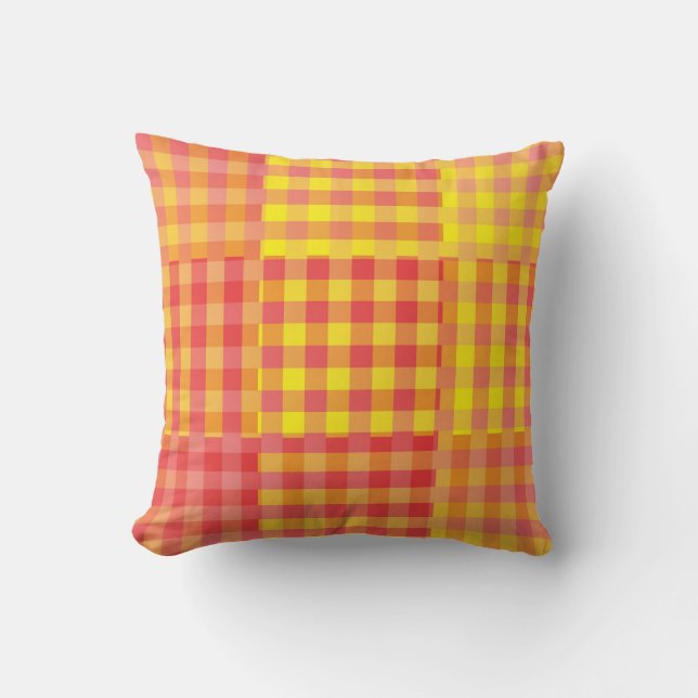 Red Yellow Chequered Patchwork Pattern Cushion (Front)