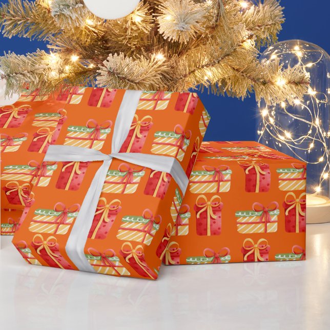 Red & Yellow Christmas Gifts Orange Wrapping Paper (Holidays)