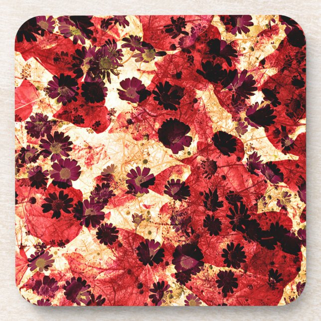 Red yellow daisy flower pattern abstract design coaster (Front)
