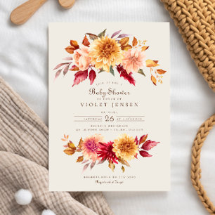 Red Yellow Fall Flowers Girl Baby Shower Invitation