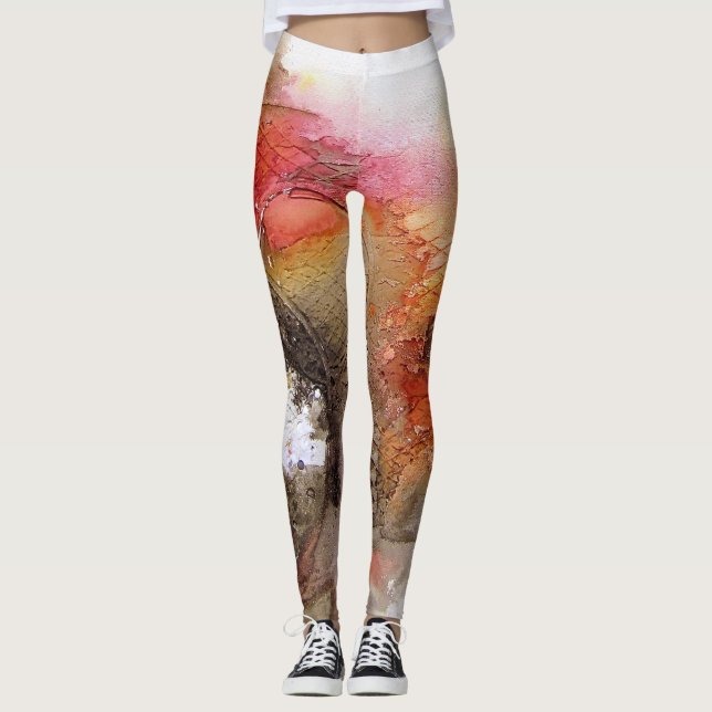 Red Yellow Faux Distressed Texture Abstract Art Leggings (Front)