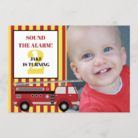 Red Yellow Firetruck Child's 2nd Birthday Photo In