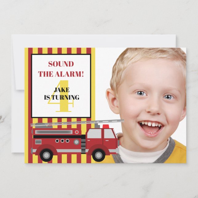 Red Yellow Firetruck Child's 4th Birthday Photo Invitation (Front)