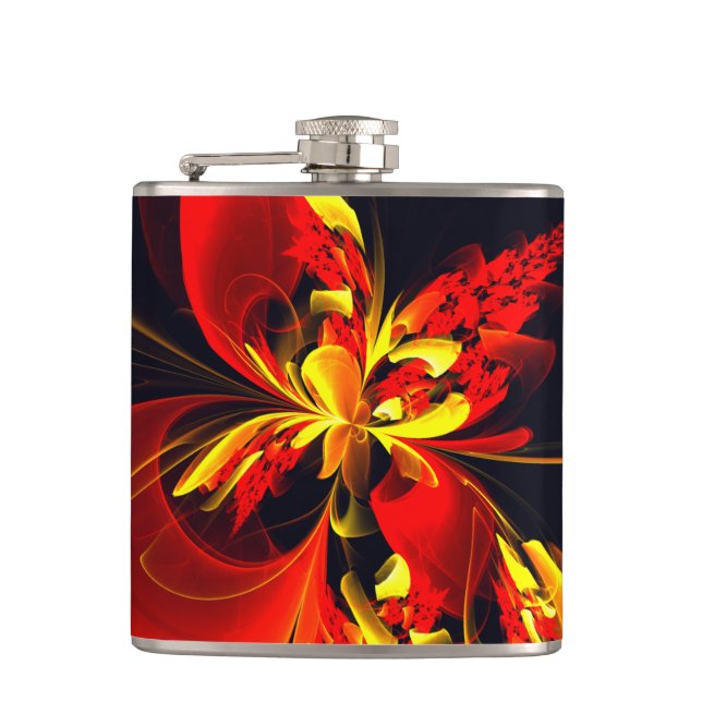 Red Yellow Floral Modern Abstract Art Pattern #10 Hip Flask (Front)