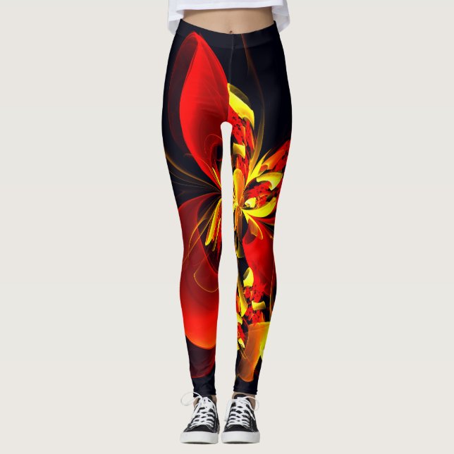 Red Yellow Floral Modern Abstract Art Pattern #10 Leggings (Front)
