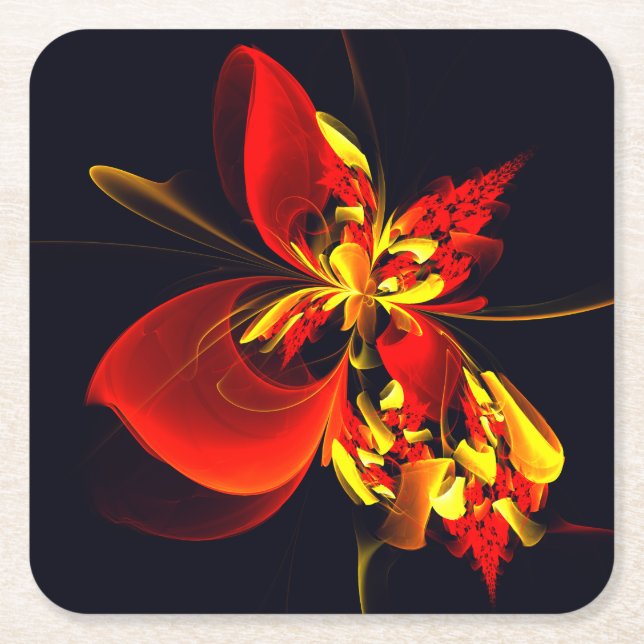 Red Yellow Floral Modern Abstract Art Pattern #10 Square Paper Coaster (Front)