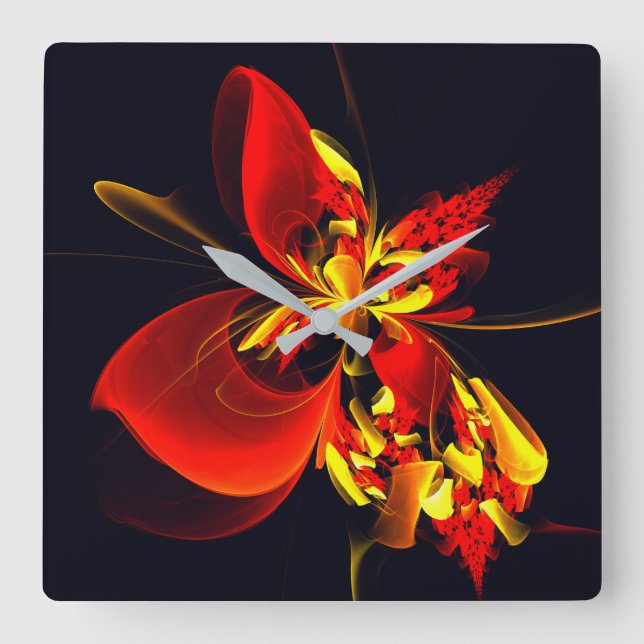 Red Yellow Floral Modern Abstract Art Pattern #10 Square Wall Clock (Front)