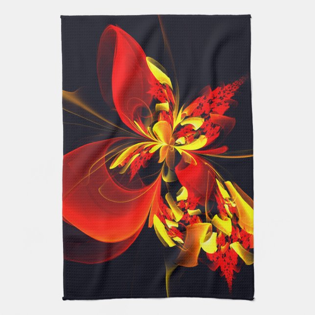 Red Yellow Floral Modern Abstract Art Pattern #10 Tea Towel (Vertical)