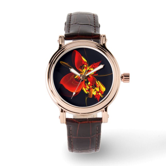 Red Yellow Floral Modern Abstract Art Pattern #10 Watch (Front)