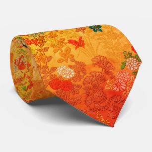 RED YELLOW FLOWERS,LEAVES ANTIQUE JAPANESE FLORAL TIE