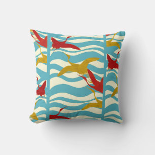 RED YELLOW FLYING CRANES ON WHITE BLUE SEA WAVES CUSHION