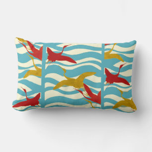 RED YELLOW FLYING CRANES ON WHITE BLUE SEA WAVES LUMBAR CUSHION