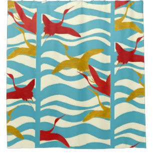 RED YELLOW FLYING CRANES ON WHITE BLUE SEA WAVES  SHOWER CURTAIN