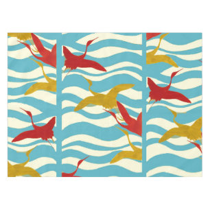 RED YELLOW FLYING CRANES ON WHITE BLUE SEA WAVES TABLECLOTH