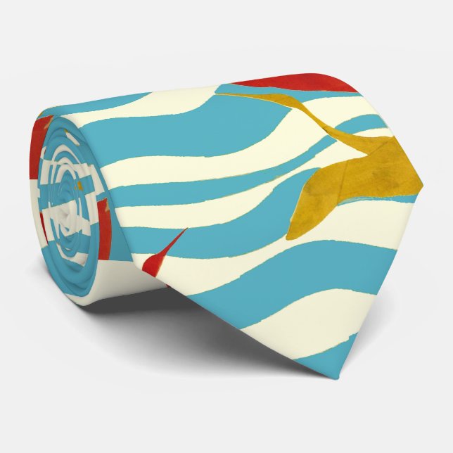 RED YELLOW FLYING CRANES ON WHITE BLUE SEA WAVES TIE (Rolled)