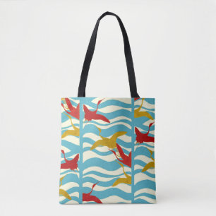 RED YELLOW FLYING CRANES ON WHITE BLUE SEA WAVES TOTE BAG
