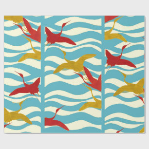 RED YELLOW FLYING CRANES ON WHITE BLUE SEA WAVES WRAPPING PAPER