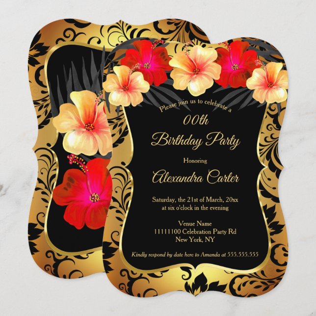 Red Yellow Gold Black Damask Hibiscus Birthday Invitation (Front/Back)