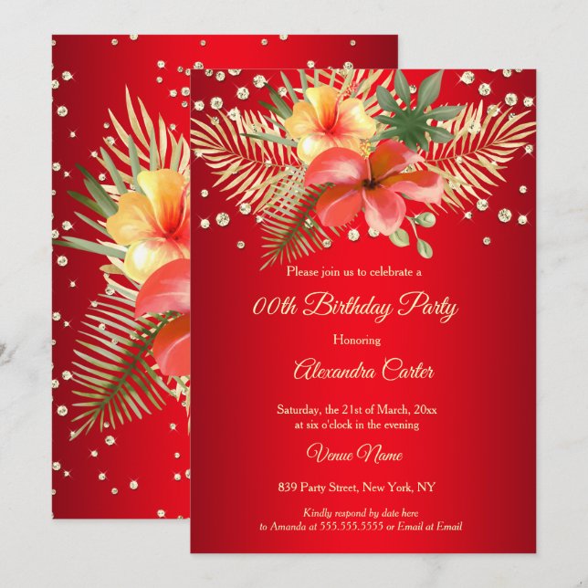 Red Yellow gold palms floral Birthday Invitation (Front/Back)