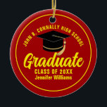 Red Yellow Graduate Custom Graduation Christmas Ceramic Ornament<br><div class="desc">This modern red and yellow custom senior graduate Christmas ornament features your high school or college name for the class of 2025. Customise with your graduating year under the chic handwritten script and black grad cap for a great personalised graduation gift.</div>