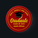 Red Yellow Graduate Custom Graduation Name Tag 6 Cm Round Badge<br><div class="desc">This modern red and yellow custom senior graduate button features classy white typography of your high school or college name for the class of 2025. Customise with your graduating year under the chic black handwritten script and black grad cap for a great personalised graduation name tag for a party or...</div>