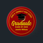 Red Yellow Graduate Custom Graduation Name Tag 6 Cm Round Badge<br><div class="desc">This modern red and yellow custom senior graduate button features classy white typography of your high school or college name for the class of 2025. Customise with your graduating year under the chic black handwritten script and black grad cap for a great personalised graduation name tag for a party or...</div>