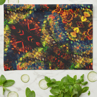 Red Yellow Green on Dark, Flowered shredded paper? Tea Towel