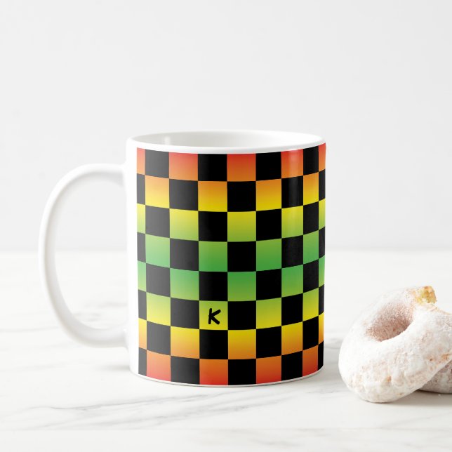  Red Yellow Green Rasta Ombre Chequered Monogram Coffee Mug (With Donut)