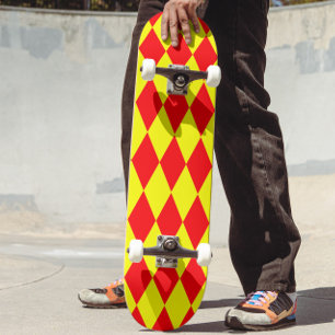 Red Yellow Harlequin Checkered Design Skateboard